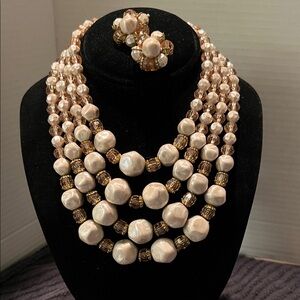 Vintage Pearl and Gold Necklace & Clip Earring Set